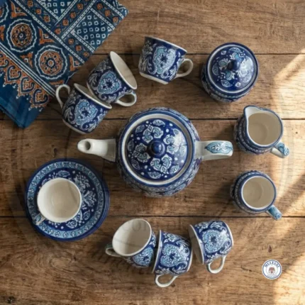 Antique Blue Tea Set – Flower Pattern (6 Person, 15 Pieces) (1)