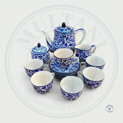 Multani Blue Pottery Tea Set – Hand-Painted Floral Design (8 Person, 19 Pieces)