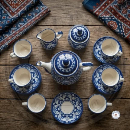 Sandstone Ceramic Tea Set – Blue Felicity Design (6 Person, 15 Pieces) (1)